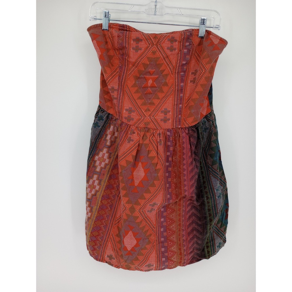 Arizona Jeans Strapless Mini Dress Womens L Orange Geometric Tribal Print Boho